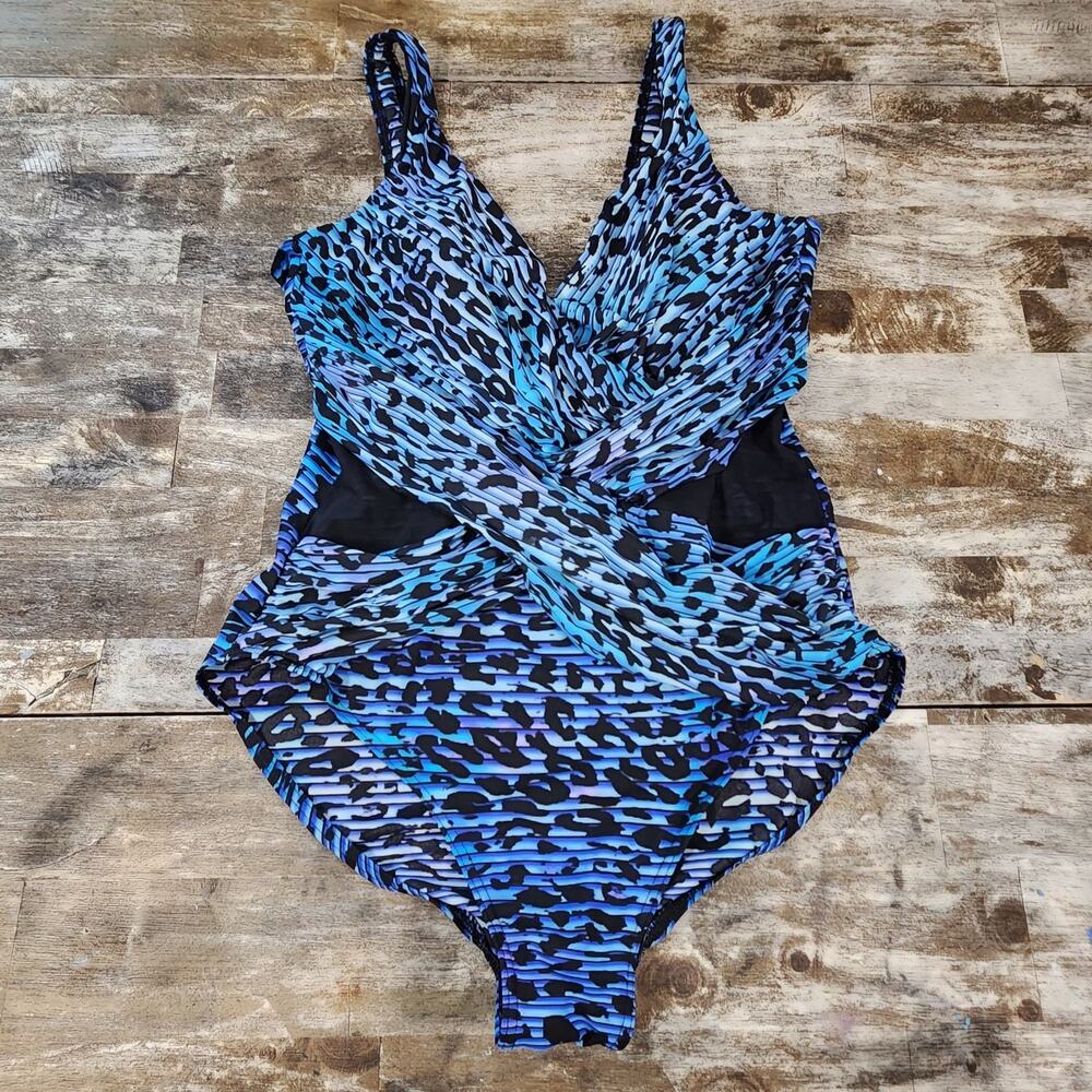 MIRACLESUIT One-Piece Swimsuit XL Animal Print Wrap Sheer Cutouts Slimming READ